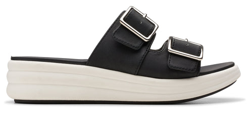 Platform sandal with two straps and silver buckles.