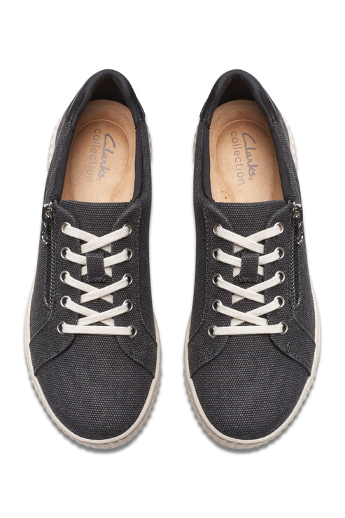 Overhead view of pair of black canvas sneakers with white laces and visible 'Clarks Collection' text inside.