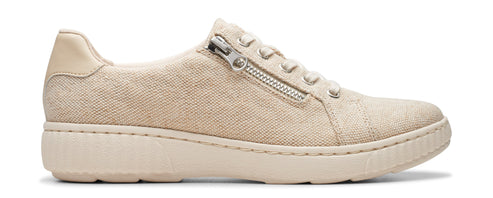 Beige low-top sneaker with side zipper.