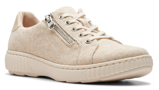 Beige canvas sneaker with side zipper and off-white sole.