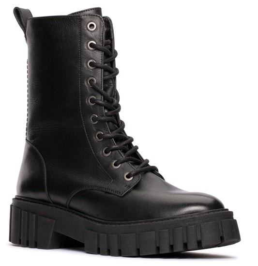 Black leather combat boot with lace-up closure and lug sole.