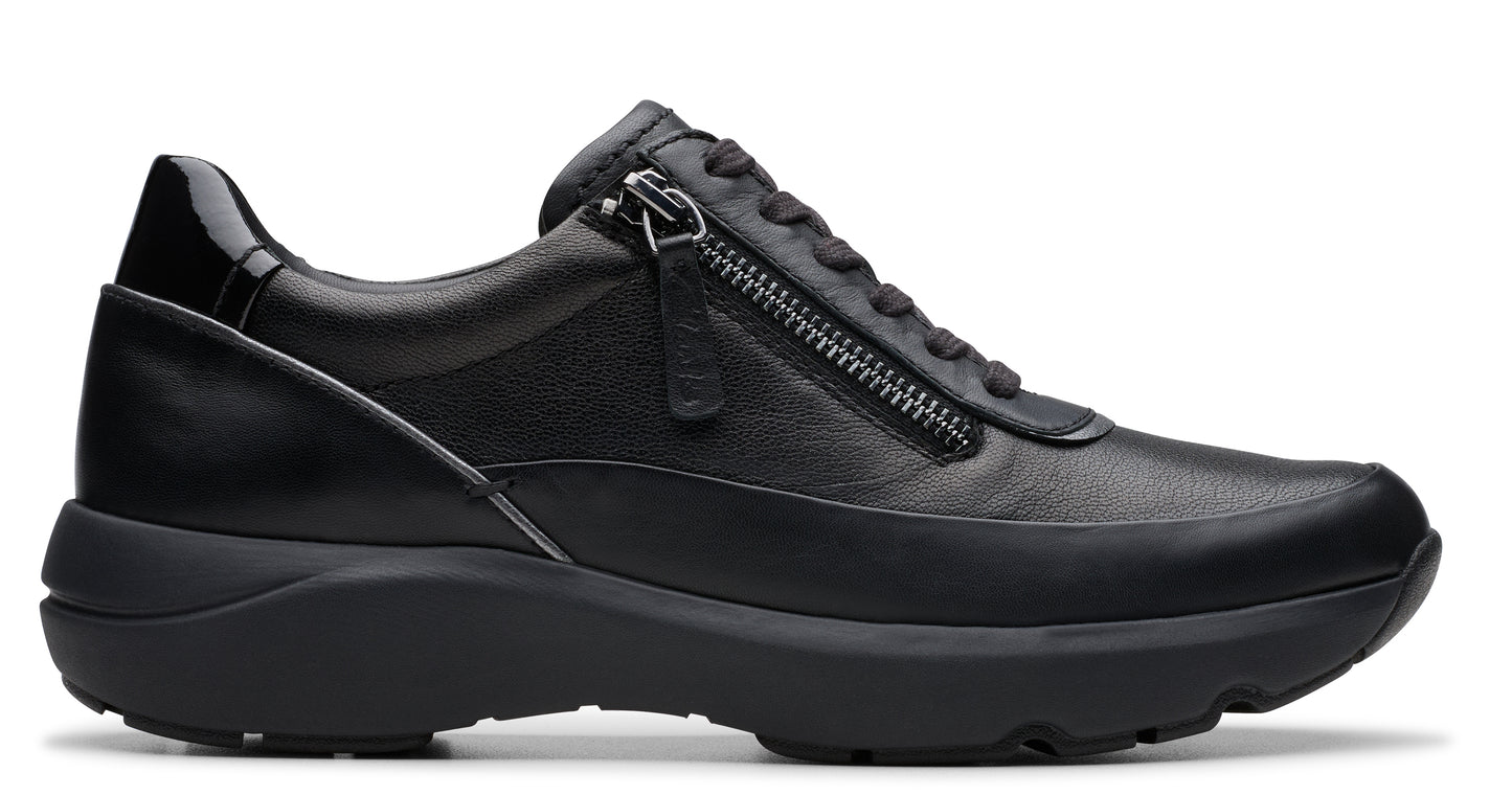 Black leather sneaker with zipper closure and rubber sole.
