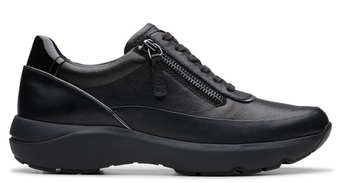 Black leather sneaker with zipper closure and rubber sole.