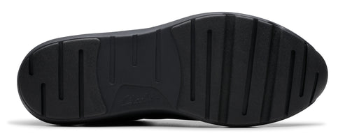 The bottom of a shoe showing a black sole with ribbed treads.