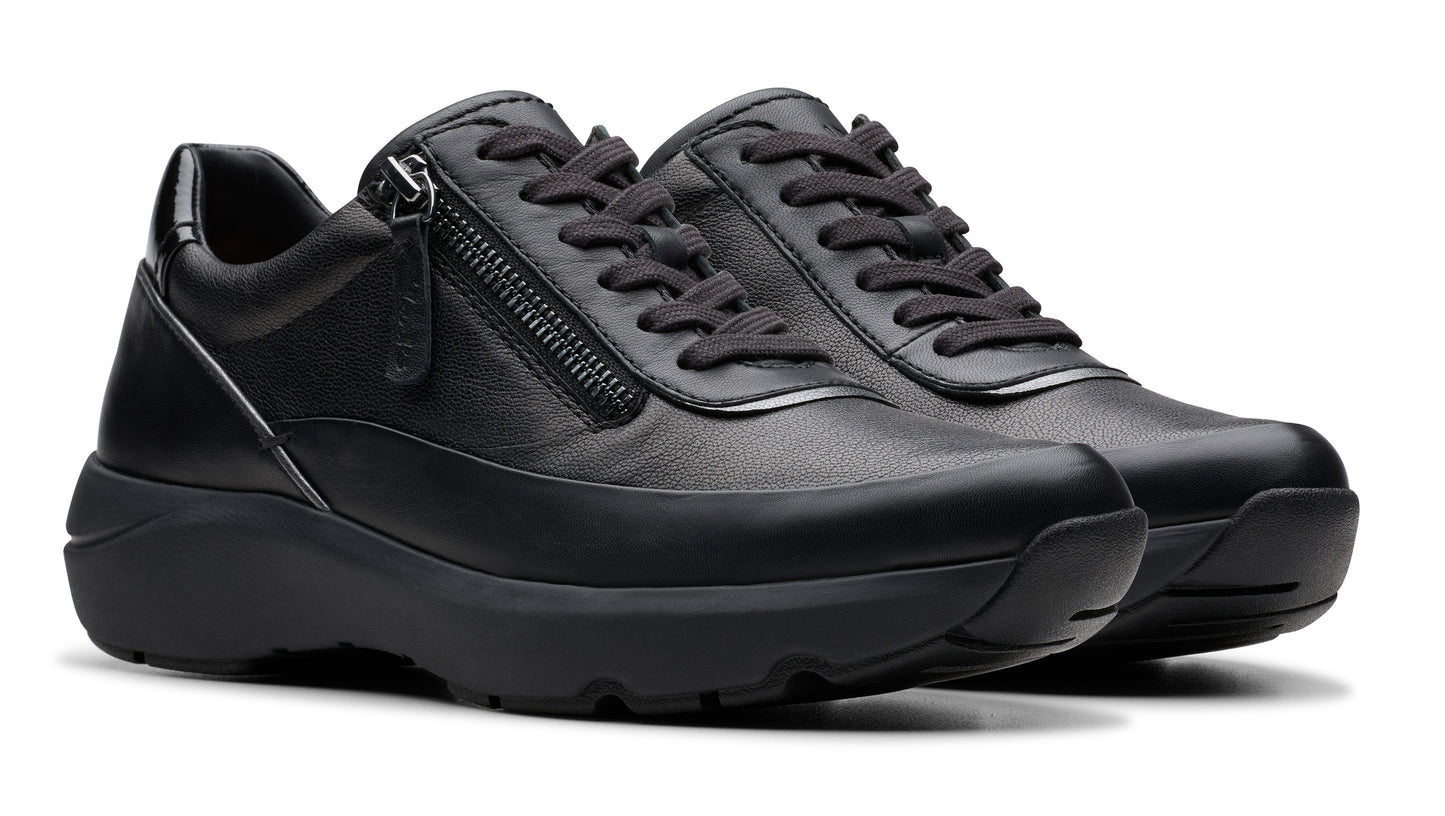 Pair of black leather lace-up platform sneakers with a side zipper.