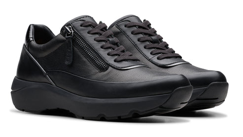 Pair of black leather lace-up platform sneakers with a side zipper.