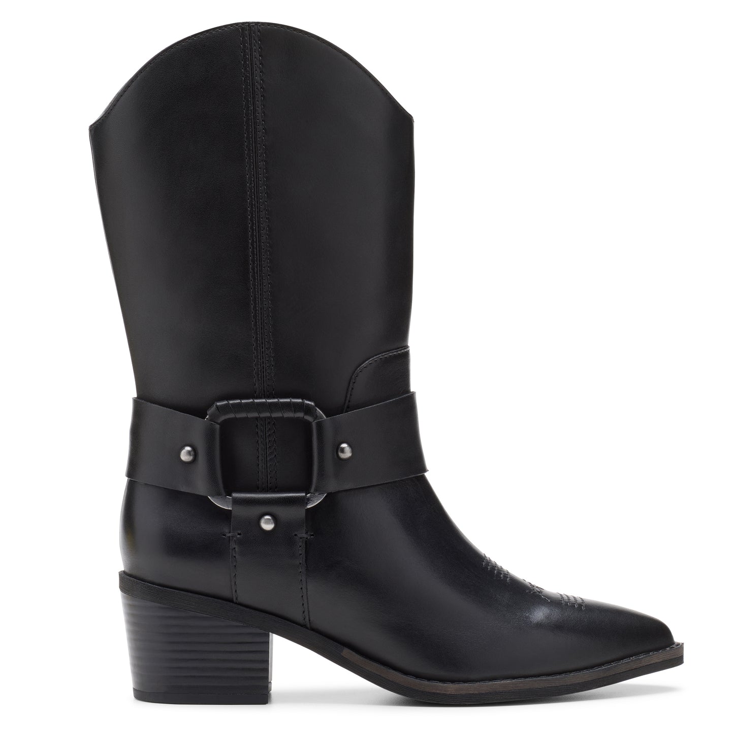 Black mid-calf boot with a block heel and decorative strap.
