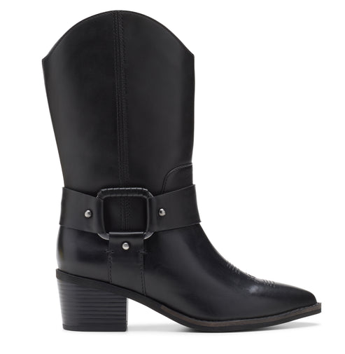Black mid-calf boot with a block heel and decorative strap.