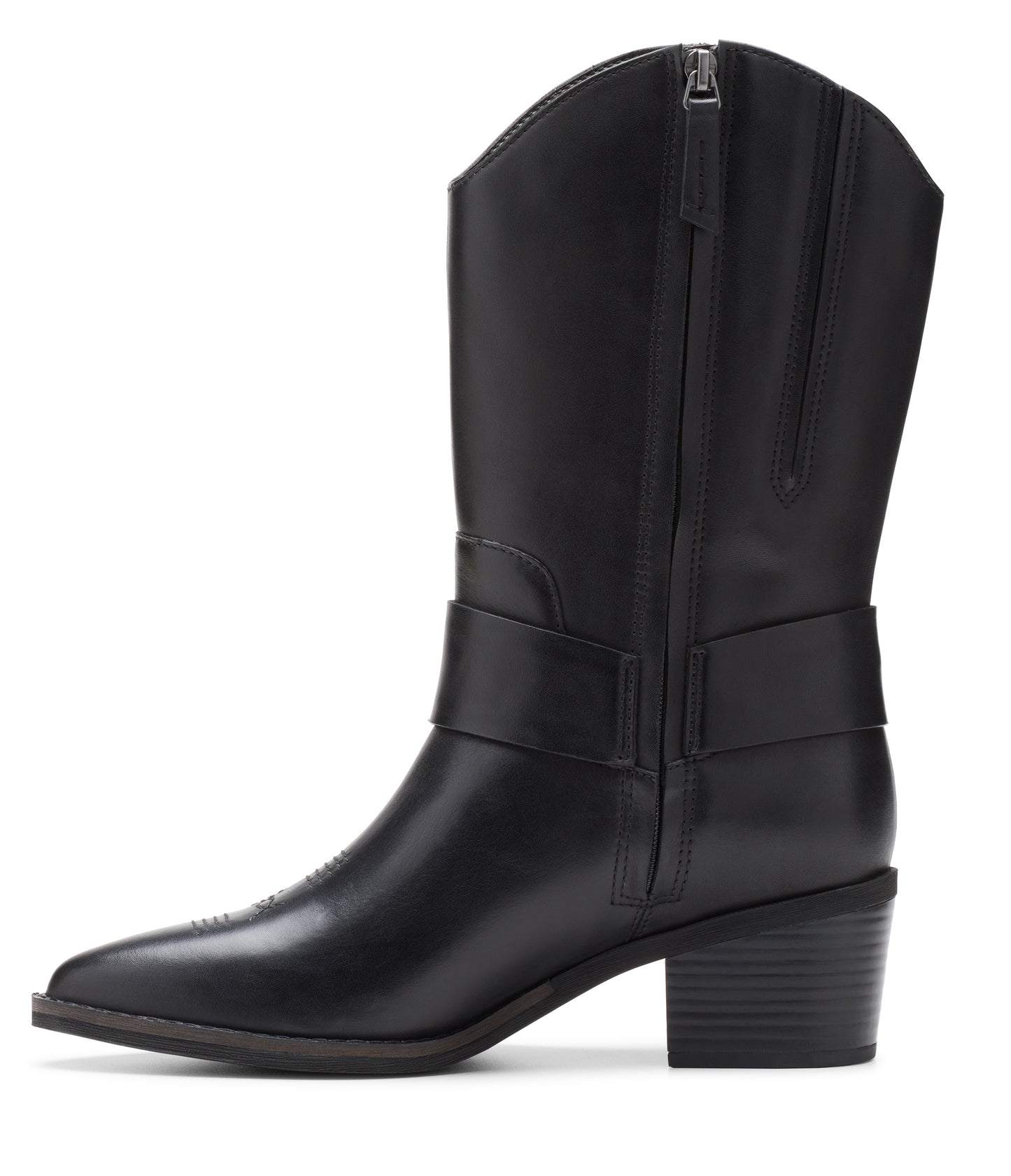 Black mid-calf cowboy boot with buckled straps and side zipper.
