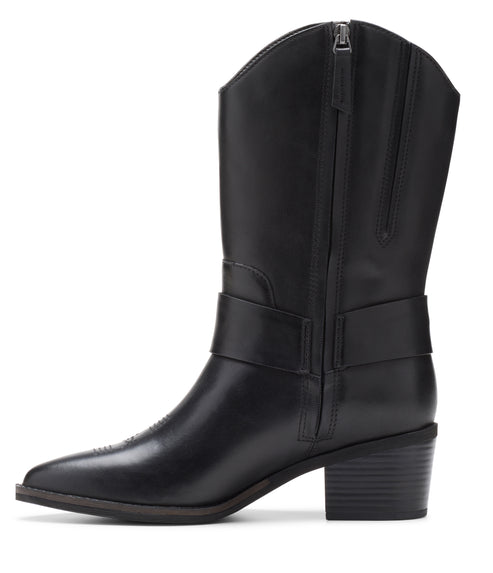 Black mid-calf cowboy boot with buckled straps and side zipper.