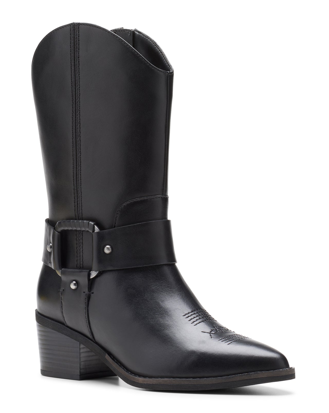 Black cowboy boot with a medium block heel and buckled harness strap.