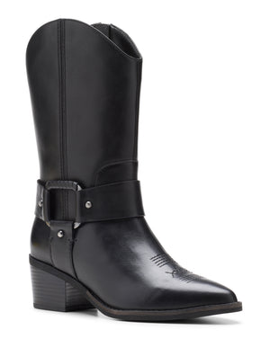 Black cowboy boot with a medium block heel and buckled harness strap.