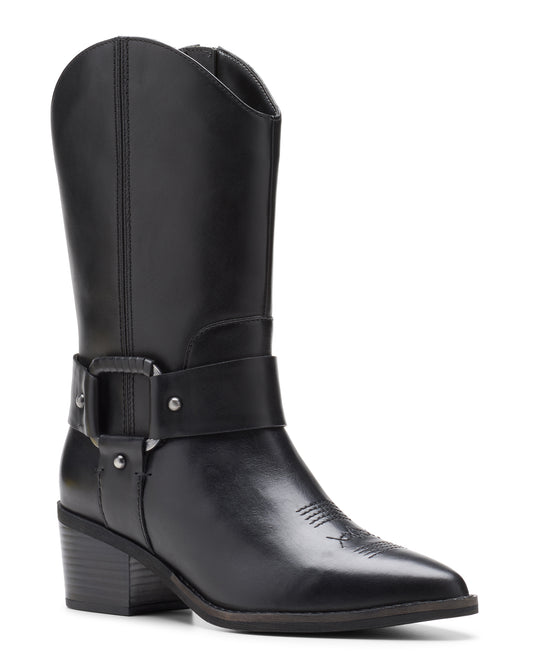 Black cowboy boot with a medium block heel and buckled harness strap.