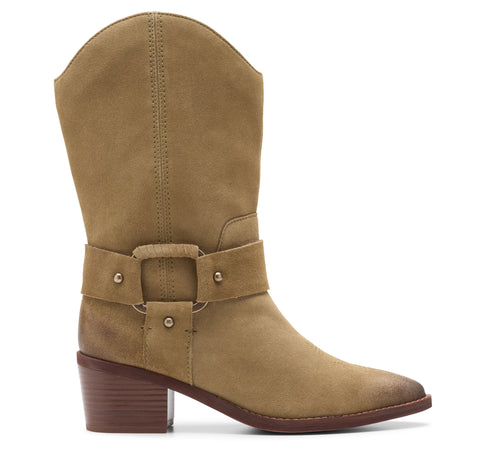 Tan suede cowboy boot with block heel and strap detail.