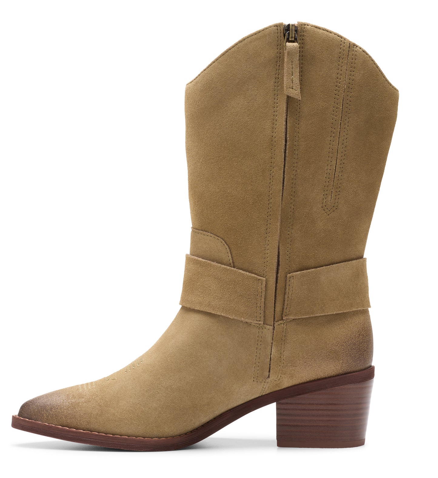 Tan suede western boot with pointed toe and block heel.