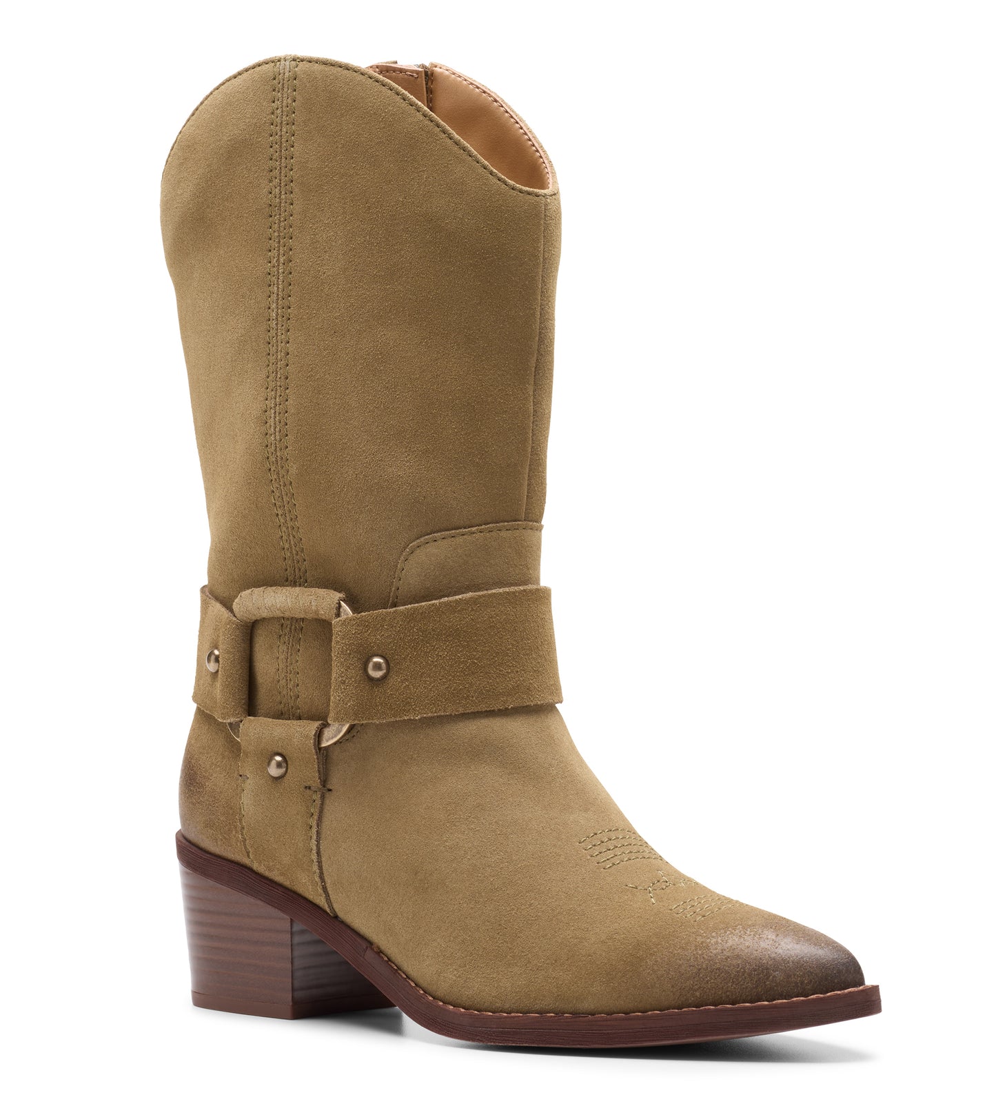 Tan cowboy boot with harness and block heel.