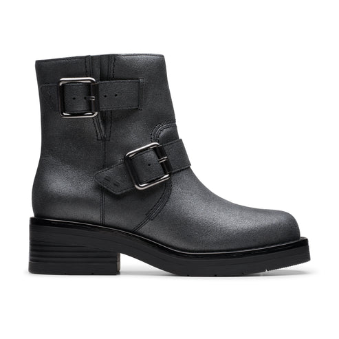 Gray ankle boot with two straps and silver buckles.