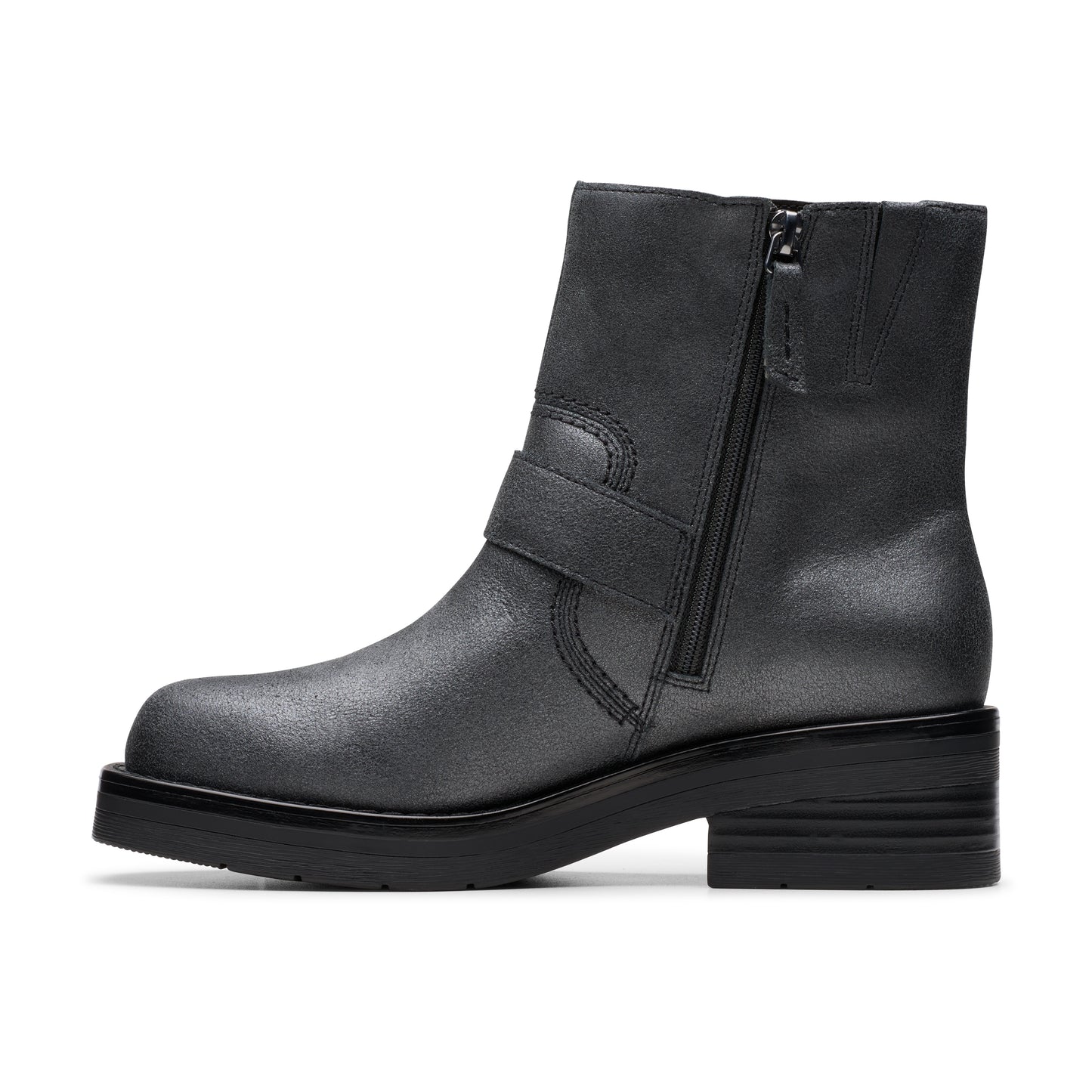 Metallic gray ankle boot with a side zipper and short block heel.