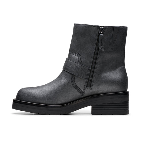 Metallic gray ankle boot with a side zipper and short block heel.