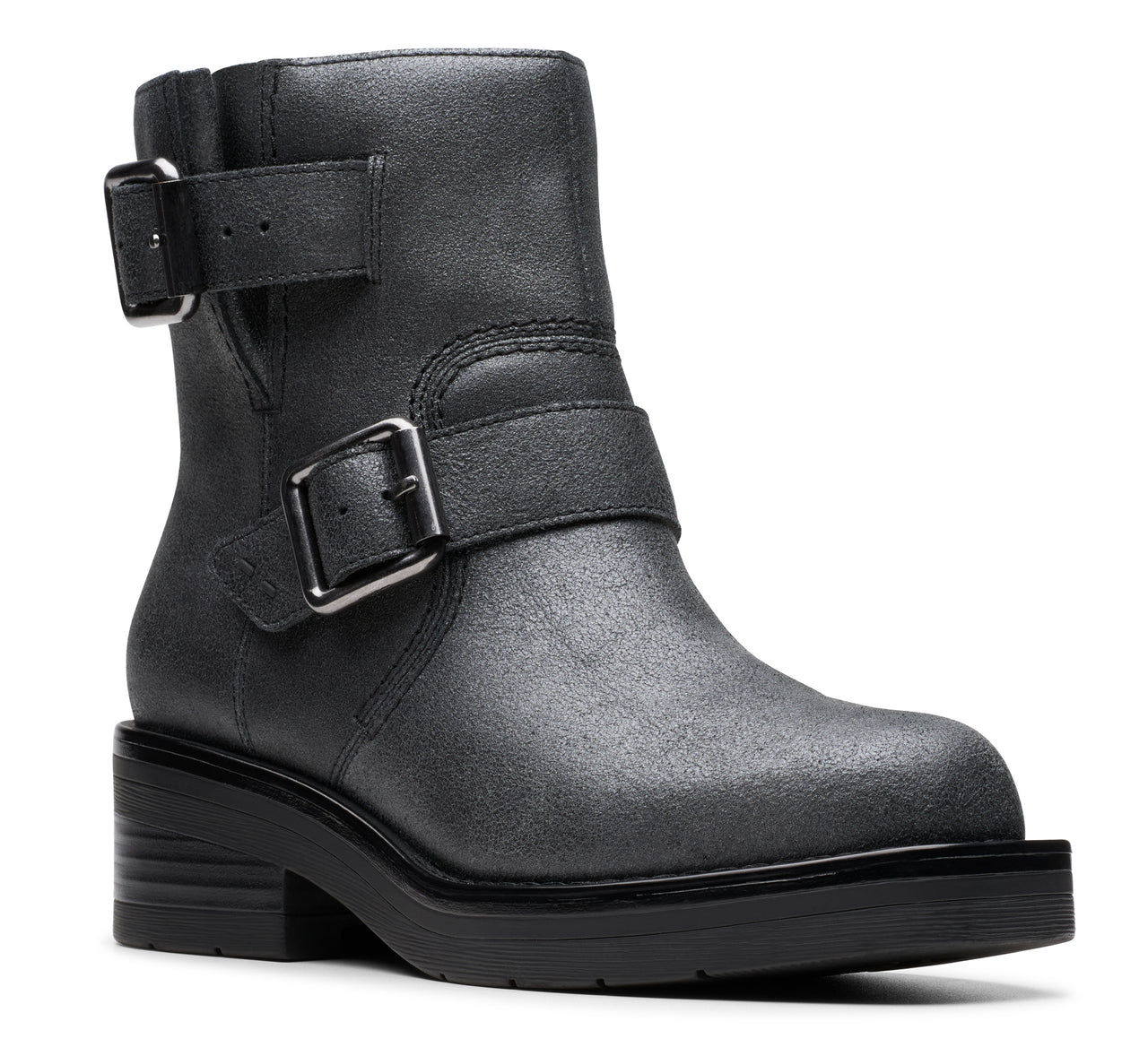 A gray ankle boot with two buckles.