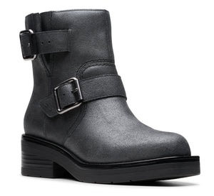 A gray ankle boot with two buckles.