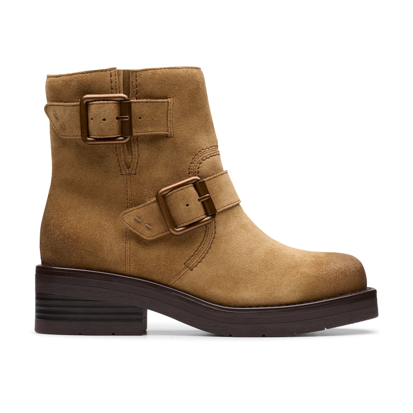 Tan suede boot with two buckle straps.