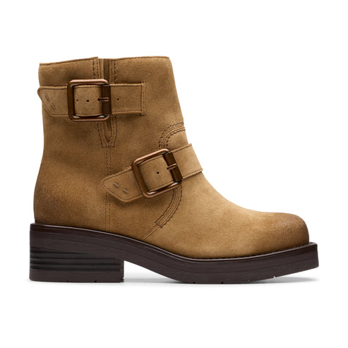 Tan suede boot with two buckle straps.
