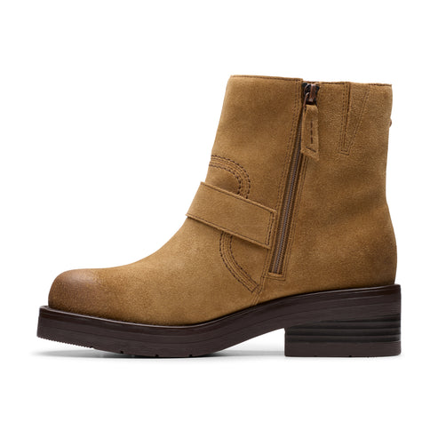Tan suede ankle boot with a side zipper and a dark brown sole.