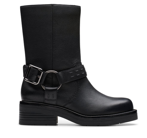 Black mid-calf boot with buckle strap and chunky sole.
