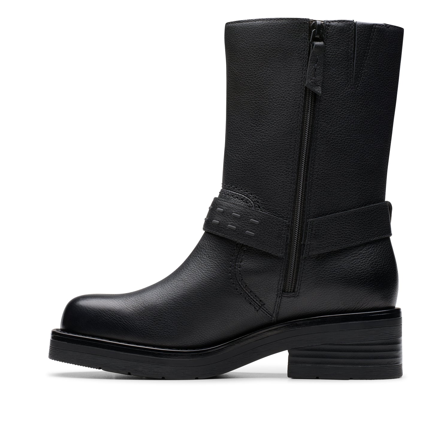 Black leather mid-calf boot with a side zipper and a strap around the ankle.