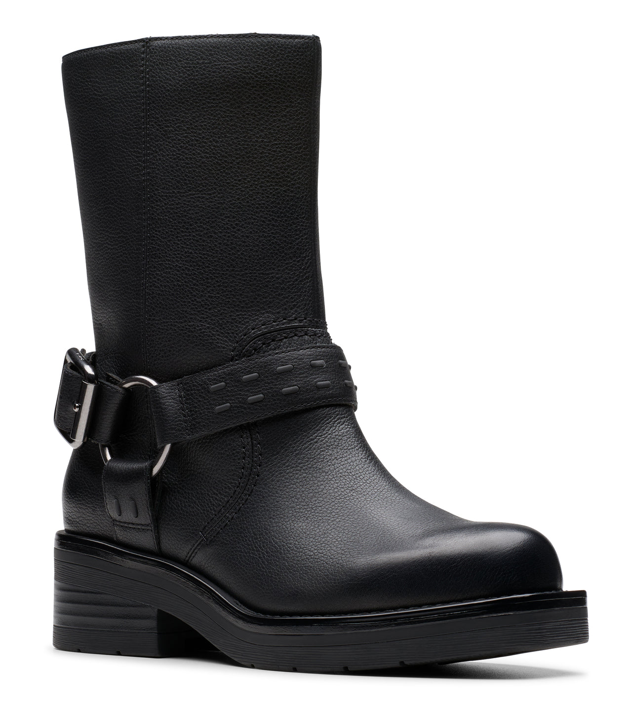 Black leather boot with a strap and buckle detail around the ankle.