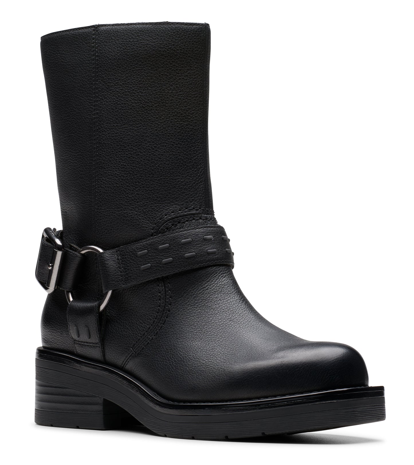 Black leather boot with a strap and buckle detail around the ankle.