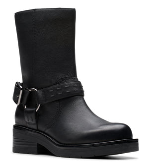 Black leather boot with a strap and buckle detail around the ankle.