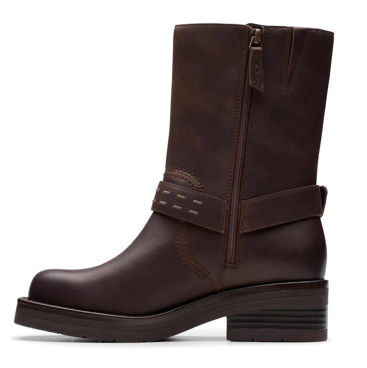 Brown leather mid-calf boot with a buckled strap and side zipper.