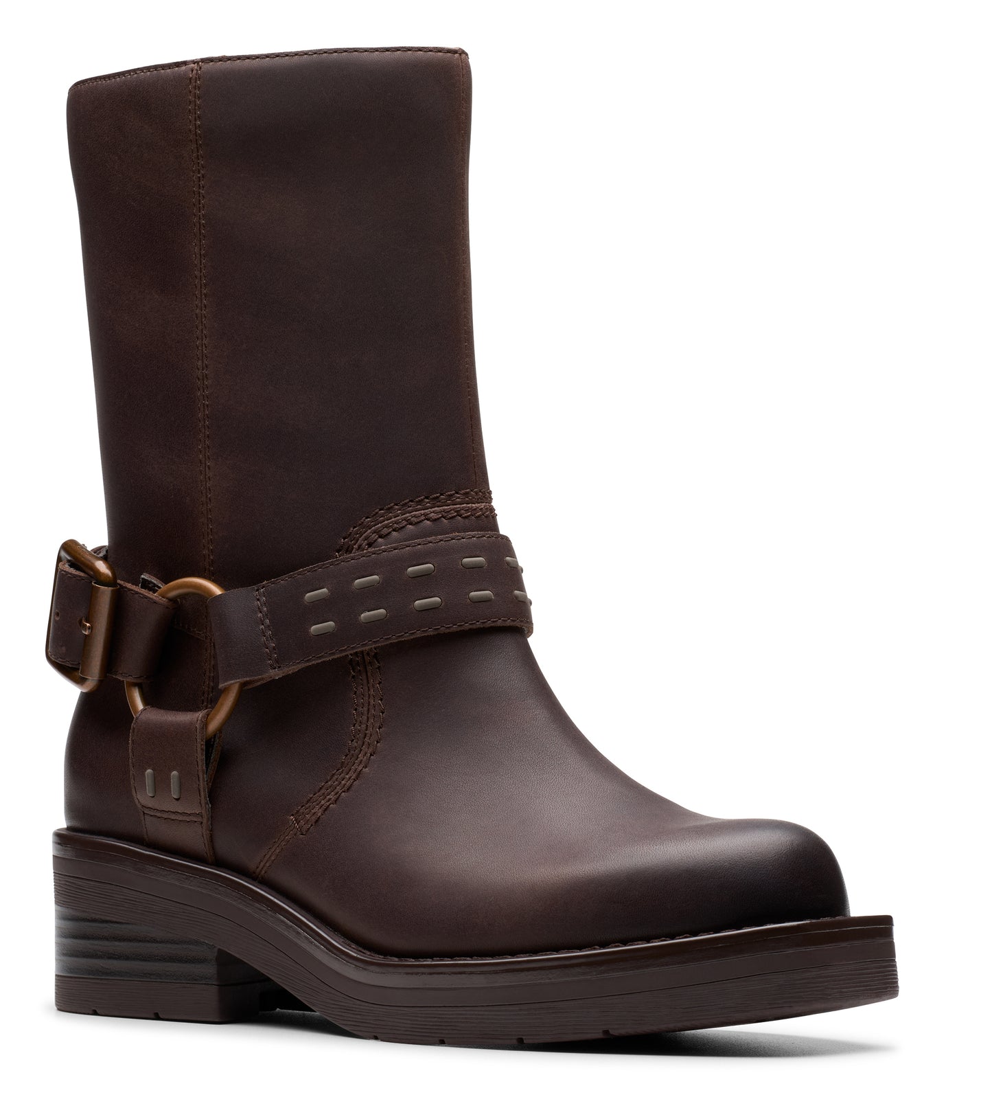 Dark brown, mid-calf boot with a strap and gold buckle around the ankle.