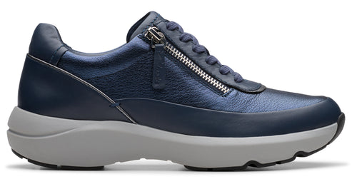 Blue sneaker with a gray sole and side zipper.