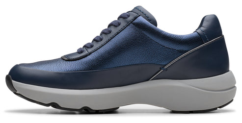 Navy blue leather sneaker with gray sole.