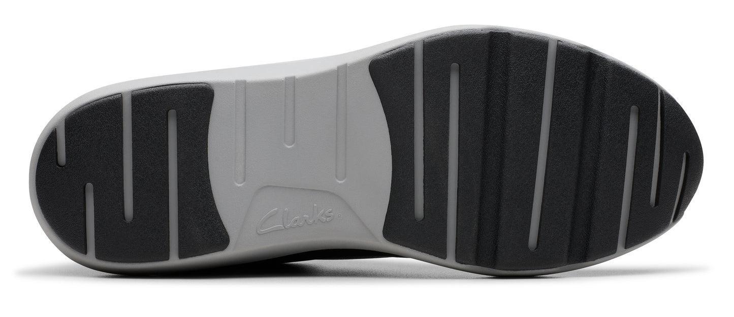 Shoe sole with black tread and gray platform.