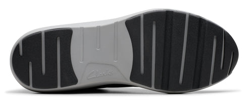 Shoe sole with black tread and gray platform.