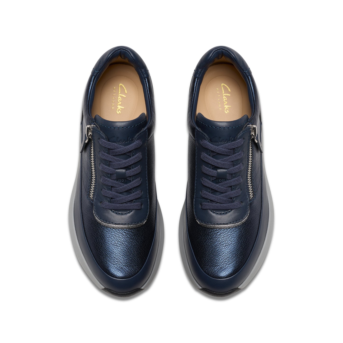 Navy leather sneakers with decorative zippers and laces.