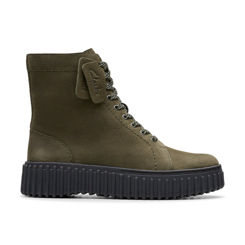 Olive green, lace-up boot with thick, black lug sole.