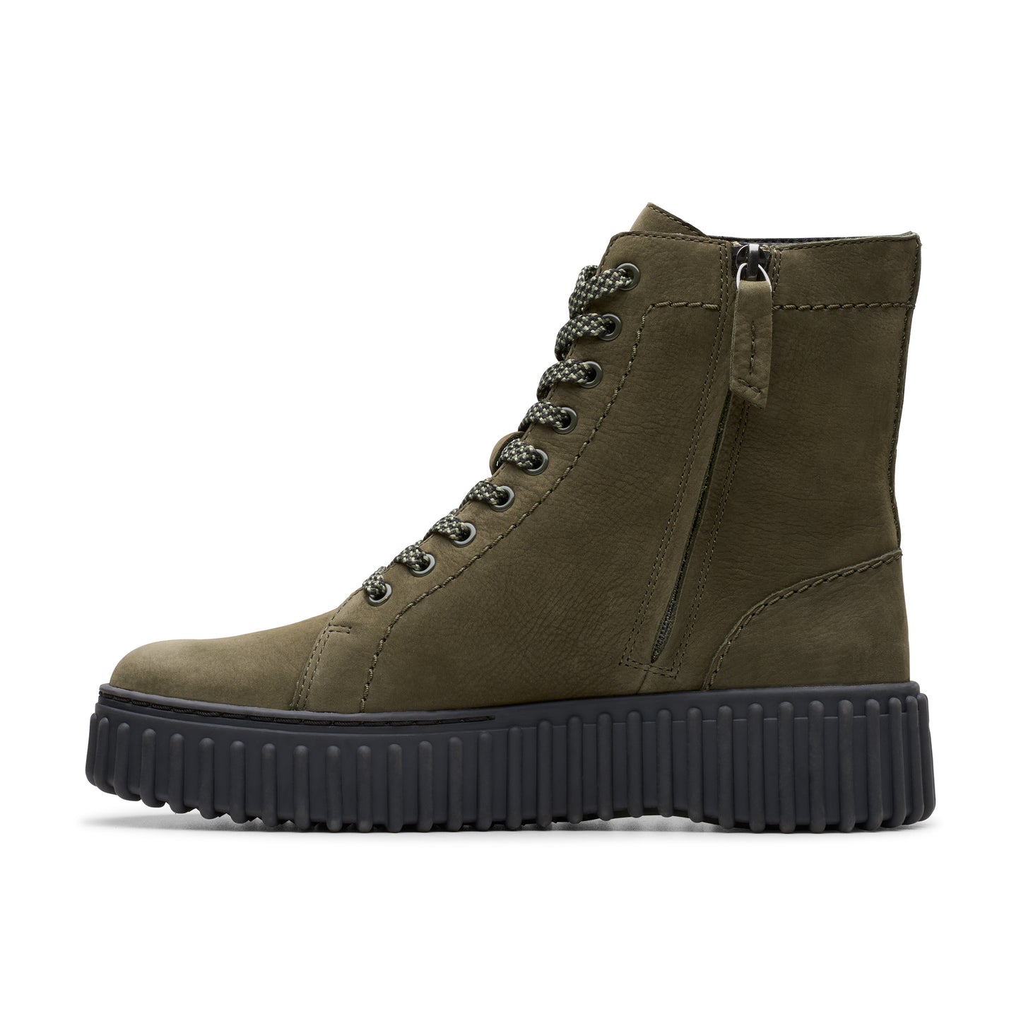 Olive-green combat boot with black ridged sole, lace-up closure, and side zipper.