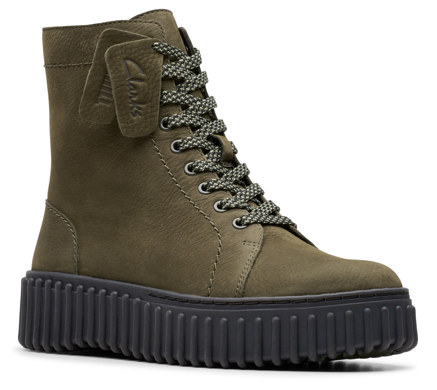 Olive green leather boot with thick, black platform sole and patterned laces.