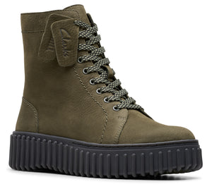 Olive green leather boot with thick, black platform sole and patterned laces.