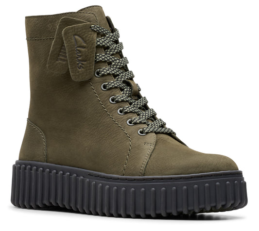 Olive green leather boot with thick, black platform sole and patterned laces.