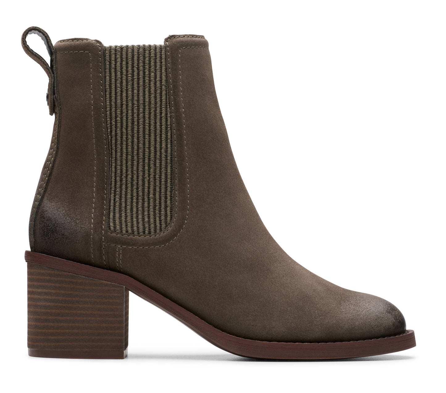 Olive-green ankle boot with elastic side panels and block heel.