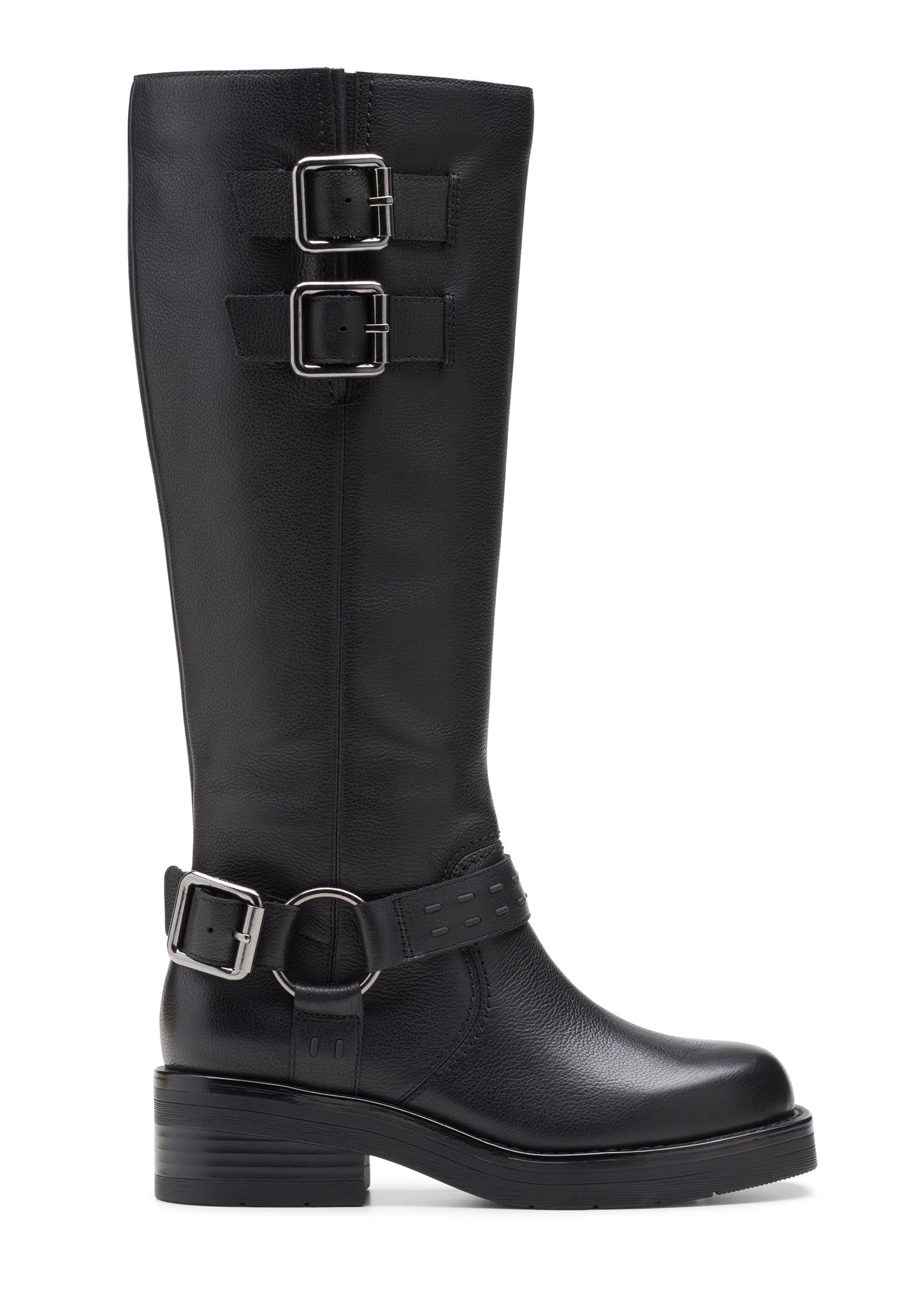 Black knee-high boot with two buckles at the top and one buckle at the ankle.