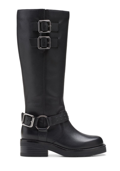 Black knee-high boot with two buckles at the top and one buckle at the ankle.