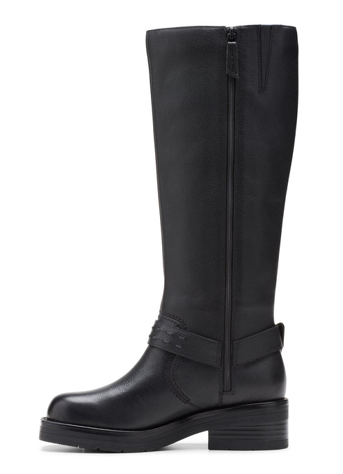 Black knee-high boot with zipper and strap.