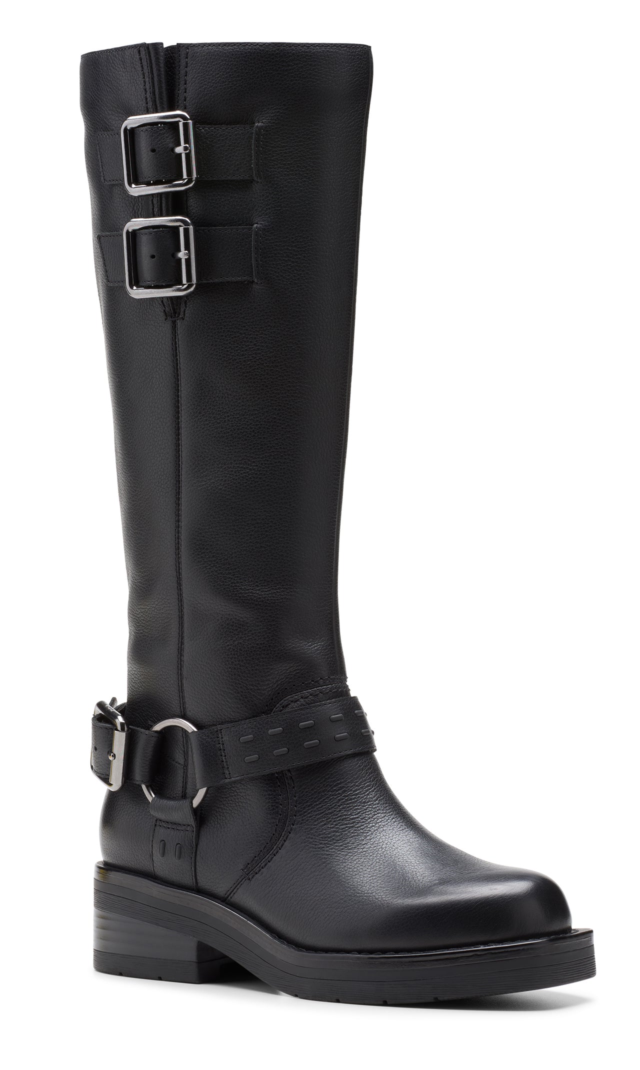 Tall black leather boot with two buckles on the upper part of the boot and another buckle around the ankle.